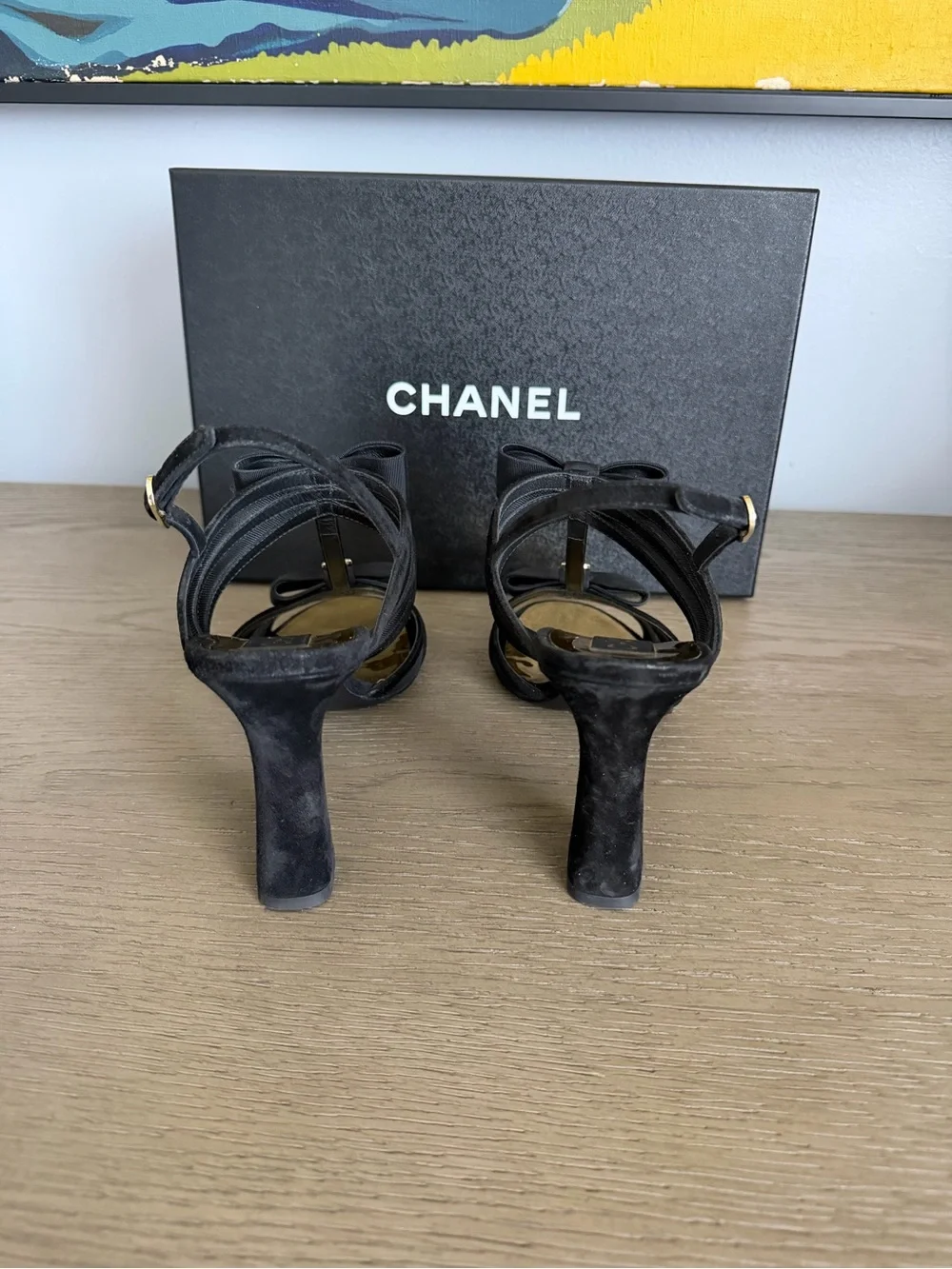 CHANEL Black Satin Bow T-Strap Heels with Gold Insole